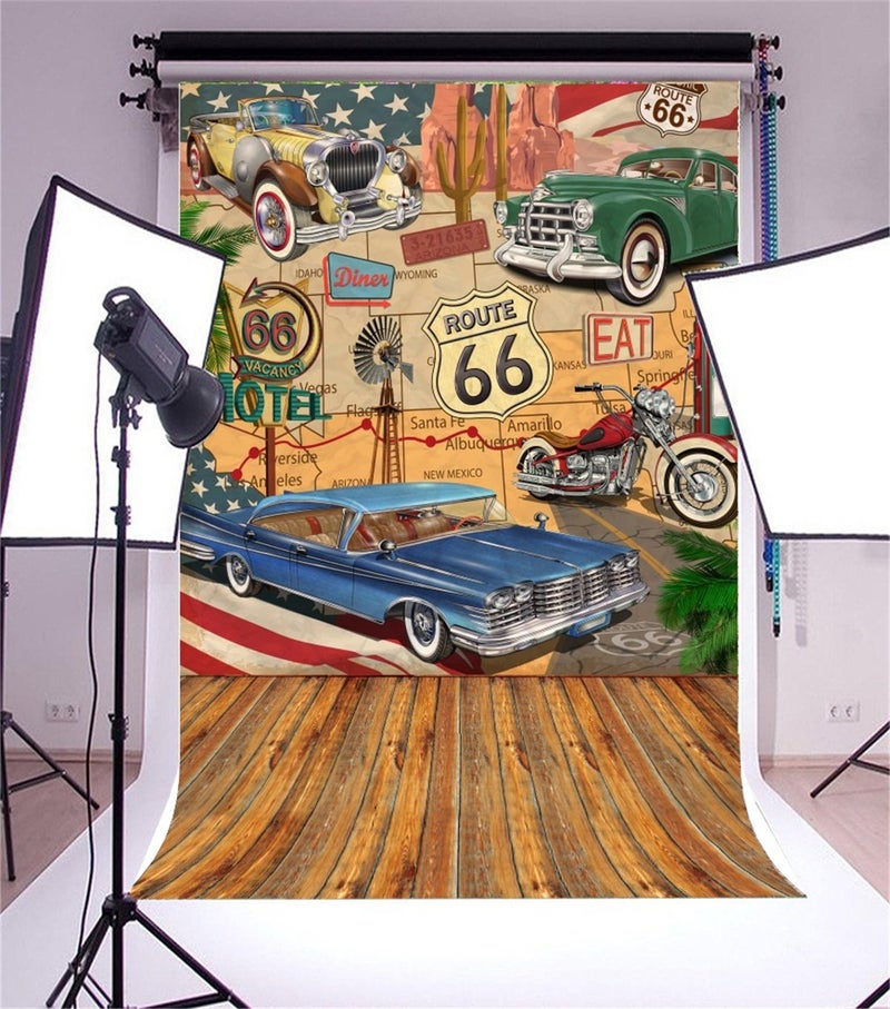 AOFOTO 5x7ft Vintage Route 66 Backdrop for Photography Comic Retro Motel Motor Car Truck Road Sign Photo Background Route 66 Classic Car Birthday Party Decorations Boy Adult Portrait Photo Booth Props - Image 3