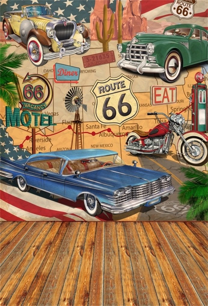 AOFOTO 5x7ft Vintage Route 66 Backdrop for Photography Comic Retro Motel Motor Car Truck Road Sign Photo Background Route 66 Classic Car Birthday Party Decorations Boy Adult Portrait Photo Booth Props - Image 1