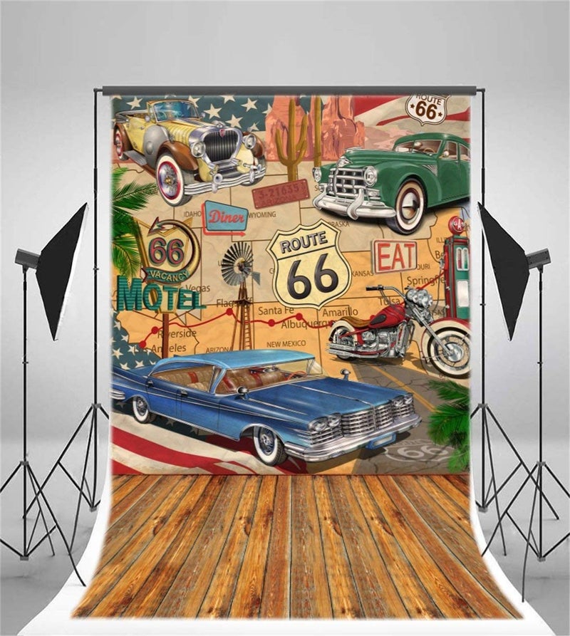AOFOTO 5x7ft Vintage Route 66 Backdrop for Photography Comic Retro Motel Motor Car Truck Road Sign Photo Background Route 66 Classic Car Birthday Party Decorations Boy Adult Portrait Photo Booth Props - Image 4