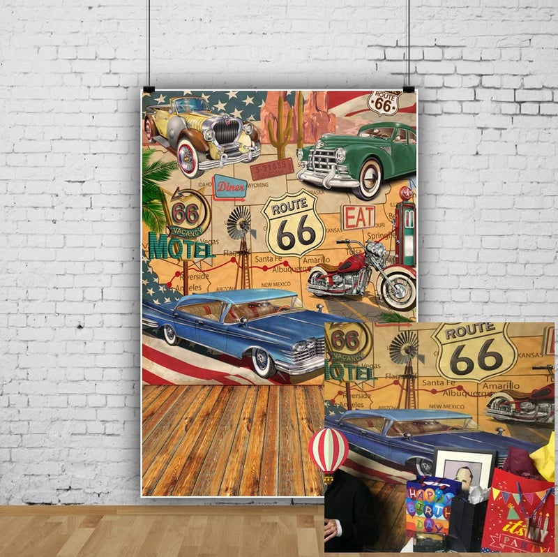 AOFOTO 5x7ft Vintage Route 66 Backdrop for Photography Comic Retro Motel Motor Car Truck Road Sign Photo Background Route 66 Classic Car Birthday Party Decorations Boy Adult Portrait Photo Booth Props - Image 2