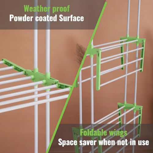 FLIPZON Premium 3 Layer Clothes Drying Stand with Wheels | Foldable Wings | Double Pole Alloy Steel Rack | 360° Rotatable Hanger Rods | Portable Balcony Laundry Dryer (White & Green) - Image 5