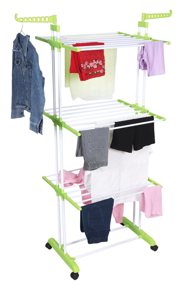 FLIPZON Premium 3 Layer Clothes Drying Stand with Wheels | Foldable Wings | Double Pole Alloy Steel Rack | 360° Rotatable Hanger Rods | Portable Balcony Laundry Dryer (White & Green) - Image 3