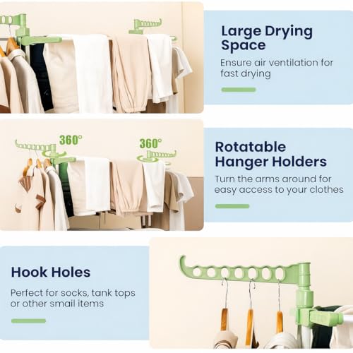 FLIPZON Premium 3 Layer Clothes Drying Stand with Wheels | Foldable Wings | Double Pole Alloy Steel Rack | 360° Rotatable Hanger Rods | Portable Balcony Laundry Dryer (White & Green) - Image 4