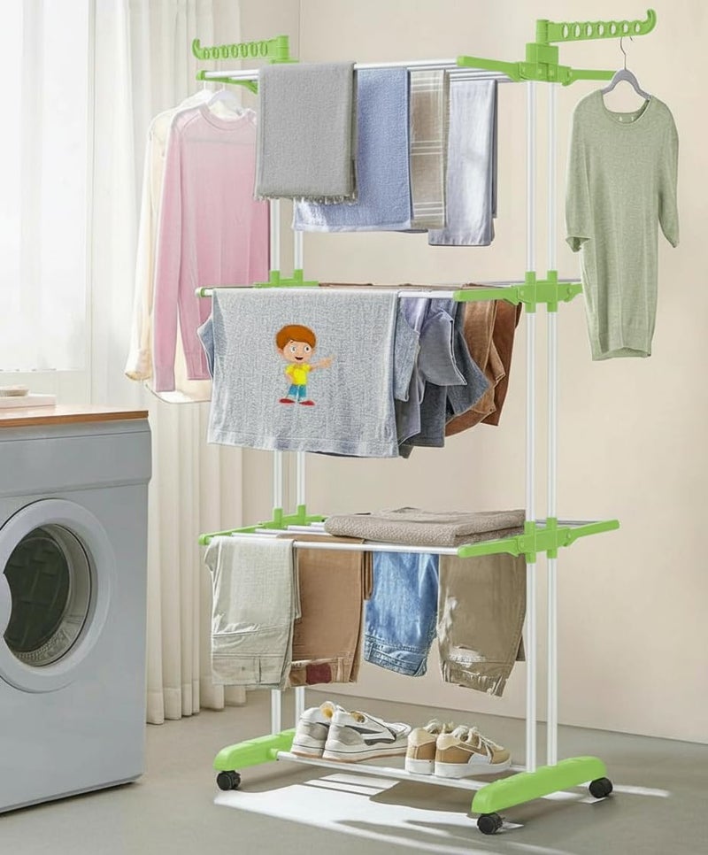 FLIPZON Premium 3 Layer Clothes Drying Stand with Wheels | Foldable Wings | Double Pole Alloy Steel Rack | 360° Rotatable Hanger Rods | Portable Balcony Laundry Dryer (White & Green) - Image 1