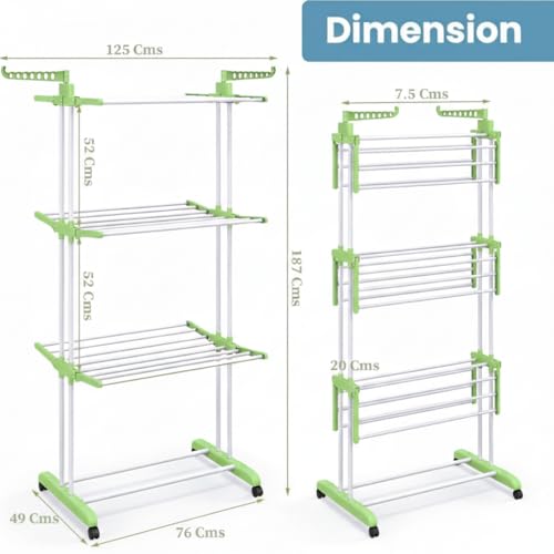 FLIPZON Premium 3 Layer Clothes Drying Stand with Wheels | Foldable Wings | Double Pole Alloy Steel Rack | 360° Rotatable Hanger Rods | Portable Balcony Laundry Dryer (White & Green) - Image 2
