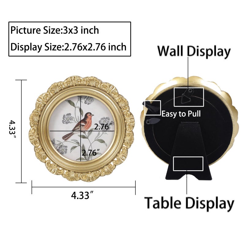 LIHOLO Wallet Size Picture Frames 3x3 Gold Vintage Picture Frames Round Picture Frames Ornate Frames Antique Decor - Image 2
