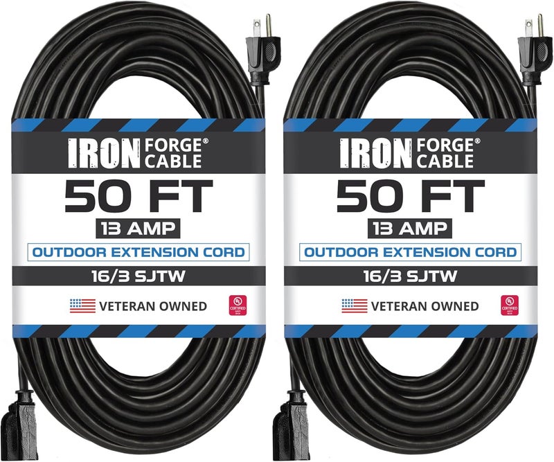 IRON FORGE CABLE 2 Pack 50 Ft Black Extension Cord, 16/3, 50 Foot Extension Cord, 3 Prong, Weatherproof - Great for Outside Use - Image 1