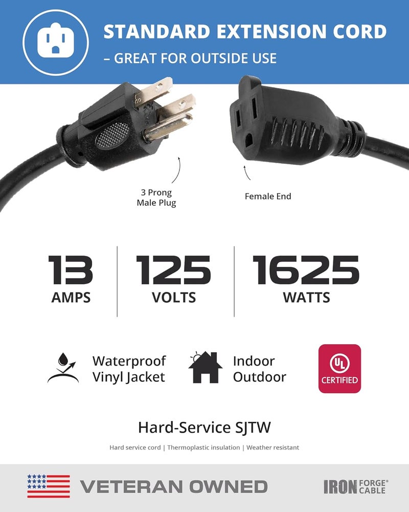 IRON FORGE CABLE 2 Pack 50 Ft Black Extension Cord, 16/3, 50 Foot Extension Cord, 3 Prong, Weatherproof - Great for Outside Use - Image 3