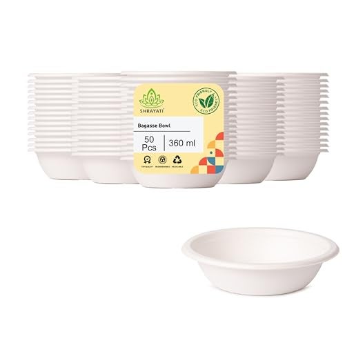 Shrayati Sugarcane Bagasse Bowls, 360 ml, 50 Pcs, Biodegradable Bagasse Disposable Round Bowls for Convenient and Sustainable Eating - Image 1