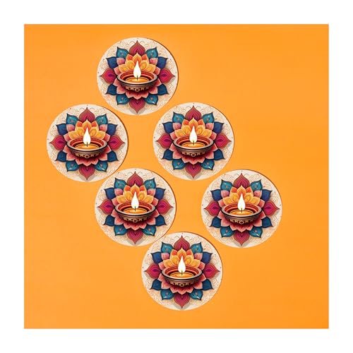 Tajnan Round Coasters Set of 6 – Colorful Mandala Diya Print, Diwali Decorative Tabletop Drink Mats, Heat & Stain Resistant, Festive Home Décor Gift - Image 2
