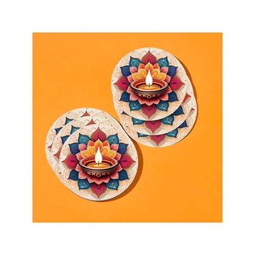 Tajnan Round Coasters Set of 6 – Colorful Mandala Diya Print, Diwali Decorative Tabletop Drink Mats, Heat & Stain Resistant, Festive Home Décor Gift - Image 4