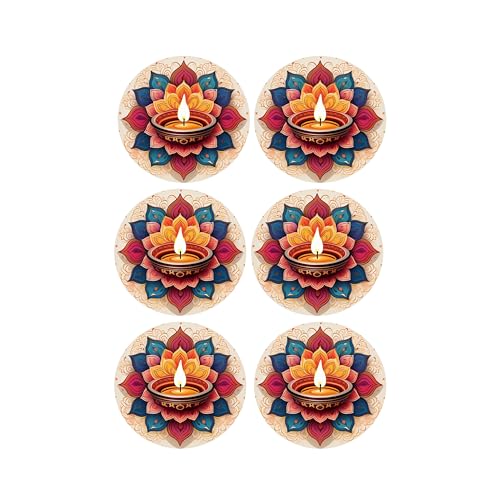 Tajnan Round Coasters Set of 6 – Colorful Mandala Diya Print, Diwali Decorative Tabletop Drink Mats, Heat & Stain Resistant, Festive Home Décor Gift - Image 1