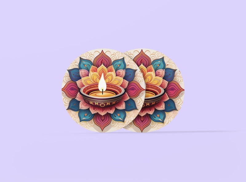 Tajnan Round Coasters Set of 6 – Colorful Mandala Diya Print, Diwali Decorative Tabletop Drink Mats, Heat & Stain Resistant, Festive Home Décor Gift - Image 5