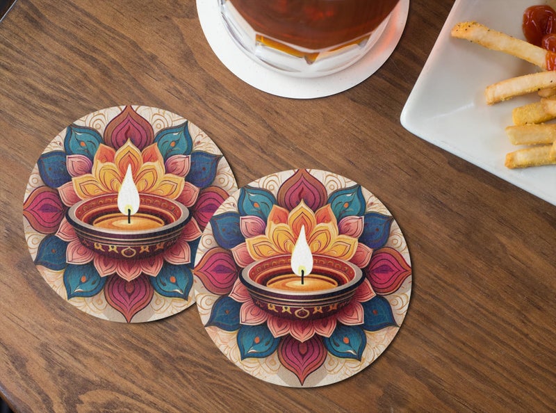 Tajnan Round Coasters Set of 6 – Colorful Mandala Diya Print, Diwali Decorative Tabletop Drink Mats, Heat & Stain Resistant, Festive Home Décor Gift - Image 3