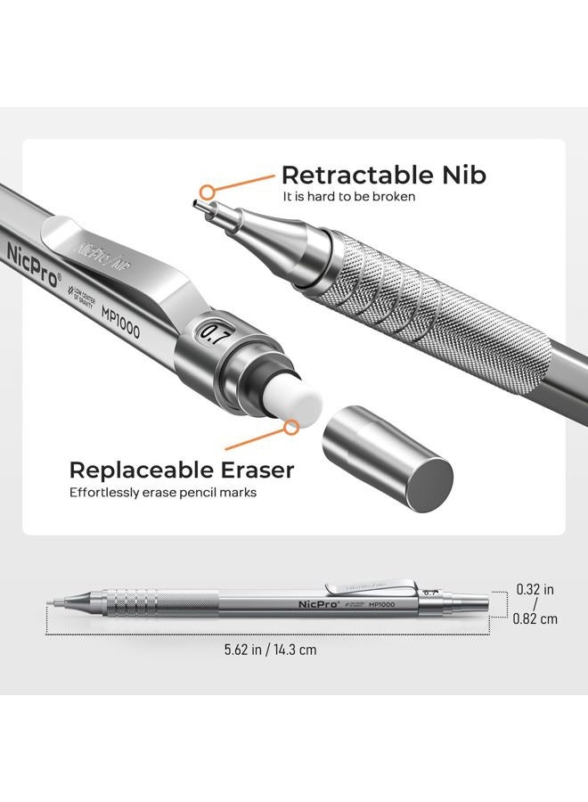 Nicpro Mechanical Pencils Set, Metal Automatic Drafting Pencil 0.5 mm and 0.7 mm Mechanical Pencil Graph With 4 Tubes HB Pencil Leads And 2 Erasers For Writing Draft, Drawing, Sketch -Come With Case - Image 3