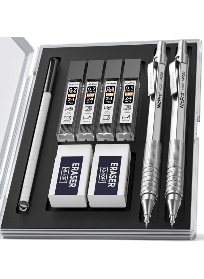 Nicpro Mechanical Pencils Set, Metal Automatic Drafting Pencil 0.5 mm and 0.7 mm Mechanical Pencil Graph With 4 Tubes HB Pencil Leads And 2 Erasers For Writing Draft, Drawing, Sketch -Come With Case - Image 1