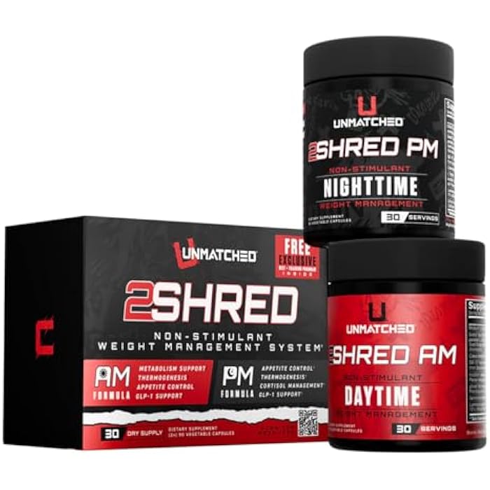 UNMATCHED نظام إدارة الوزن غير المنبه 2Shred AM + PM | توليد الحرارة، حرق الدهون، والتحكم في الشهية | 180 كبسولة نباتية، إمداد لمدة 30 يومًا - Image 1