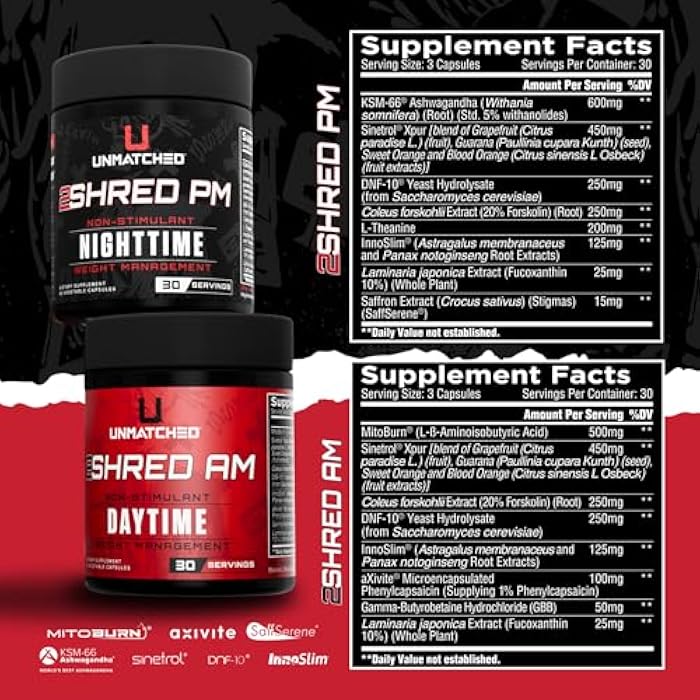 UNMATCHED نظام إدارة الوزن غير المنبه 2Shred AM + PM | توليد الحرارة، حرق الدهون، والتحكم في الشهية | 180 كبسولة نباتية، إمداد لمدة 30 يومًا - Image 2