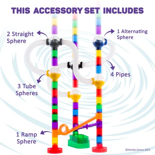 Marble Genius Marble Run Pipe & Sphere Accessory Add-on Set - 10 Pcs Total (4 Pipes, a Ramp, 5 Spheres), Alternating, Straight, & Tubes for Creating Exciting Mazes, Tracks, Runs, and Races - Image 3