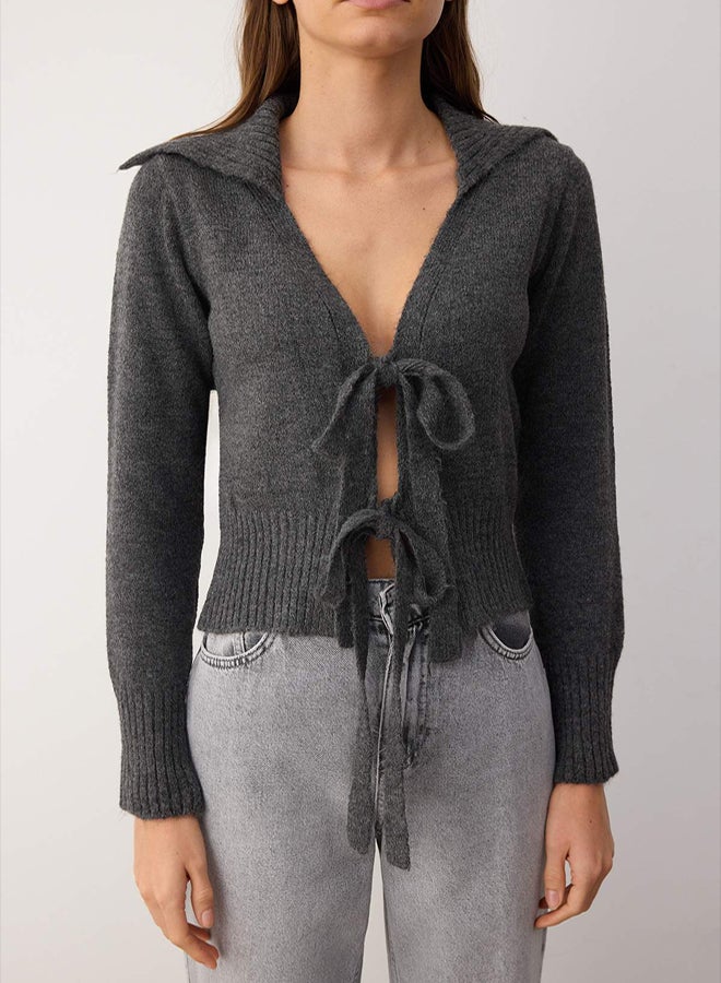 trendyol Anthracite Ribbon/Bow Tie Knitwear Cardigan - Image 3