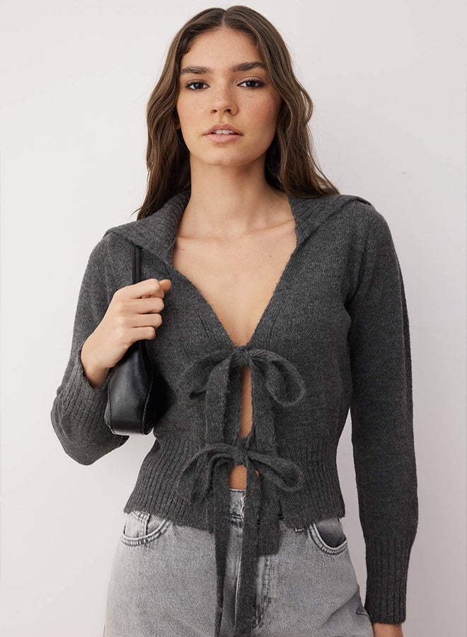 trendyol Anthracite Ribbon/Bow Tie Knitwear Cardigan - Image 1