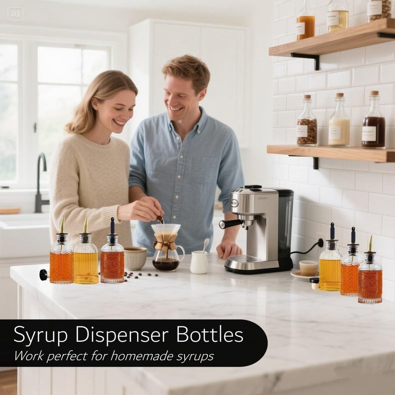 Shining Craft Simple Syrup Bottles Set of 6, Glass Coffee Syrup Dispenser Bottles 7 OZ With Metal Pour Spout, Labels and Stopper, Glass Syrup Dispenser for Maple Honey Syrup Oil and Sauces, SC060 - Image 2