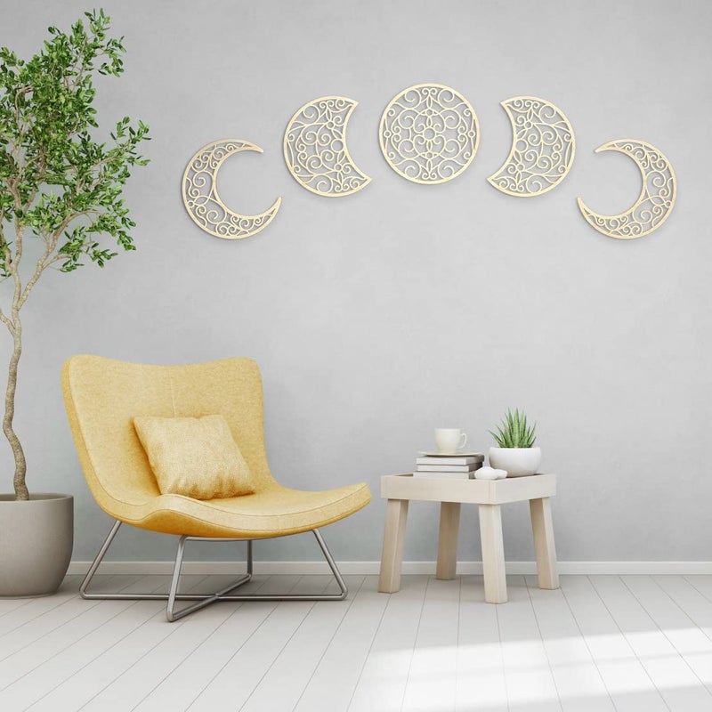 Bnesi 5Pcs Moon decoration wall decoration,12 Inch Moon Phase Spiritual Bedroom Wall Hanging Decor,boho bedroom decor home wall decoration (Wood color) - Image 3