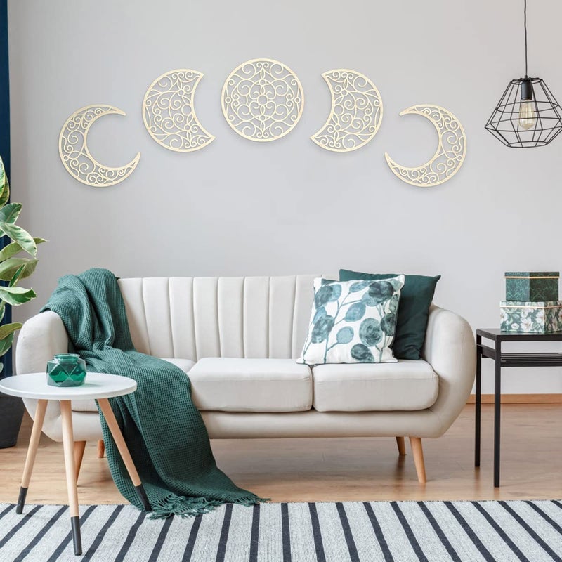 Bnesi 5Pcs Moon decoration wall decoration,12 Inch Moon Phase Spiritual Bedroom Wall Hanging Decor,boho bedroom decor home wall decoration (Wood color) - Image 1