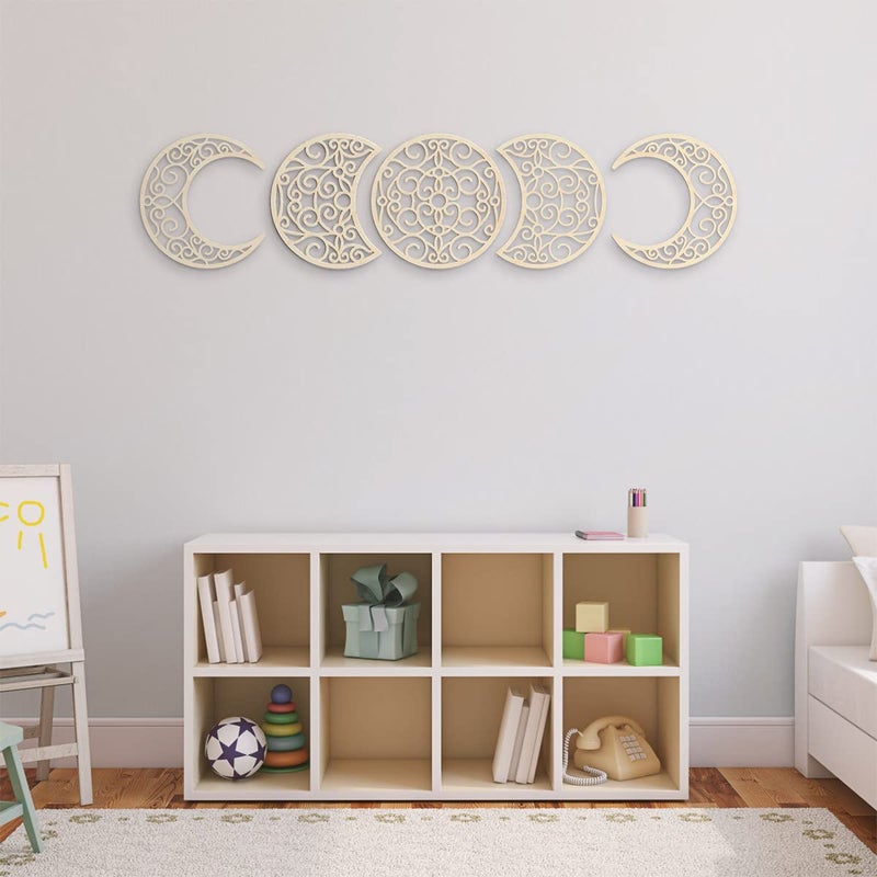 Bnesi 5Pcs Moon decoration wall decoration,12 Inch Moon Phase Spiritual Bedroom Wall Hanging Decor,boho bedroom decor home wall decoration (Wood color) - Image 2