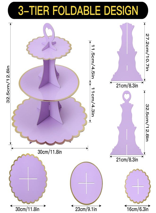 Soleebee 3-Tier Cupcake Stand, Cardboard Cupcake Tower, Cup Cake Stand Tower for Birthday Wedding Party Decoration, Cupcake Tier Stand Desserts Display 1 Set (Purple Gold) - Image 2