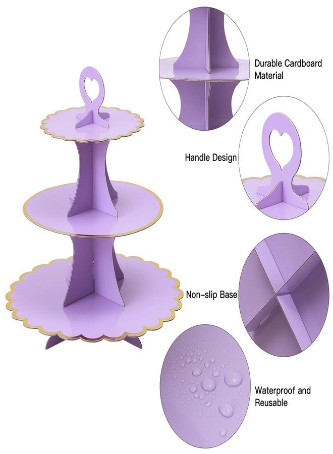 Soleebee 3-Tier Cupcake Stand, Cardboard Cupcake Tower, Cup Cake Stand Tower for Birthday Wedding Party Decoration, Cupcake Tier Stand Desserts Display 1 Set (Purple Gold) - Image 3