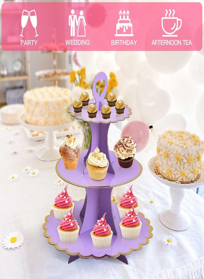 Soleebee 3-Tier Cupcake Stand, Cardboard Cupcake Tower, Cup Cake Stand Tower for Birthday Wedding Party Decoration, Cupcake Tier Stand Desserts Display 1 Set (Purple Gold) - Image 5