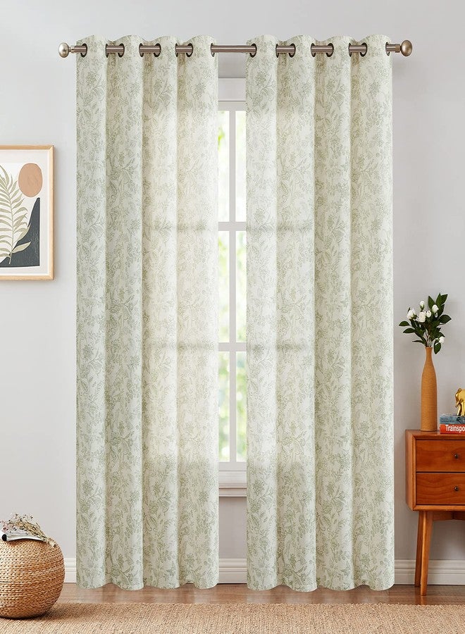 Lazzzy Linen Farmhouse Curtains for Living Room 84 Inch Length Floral Print Window Curtains Semi Sheer Drapes for Bedroom Country Light Filtering Curtain Grommet Top 2 Panels Green on Beige - Image 1