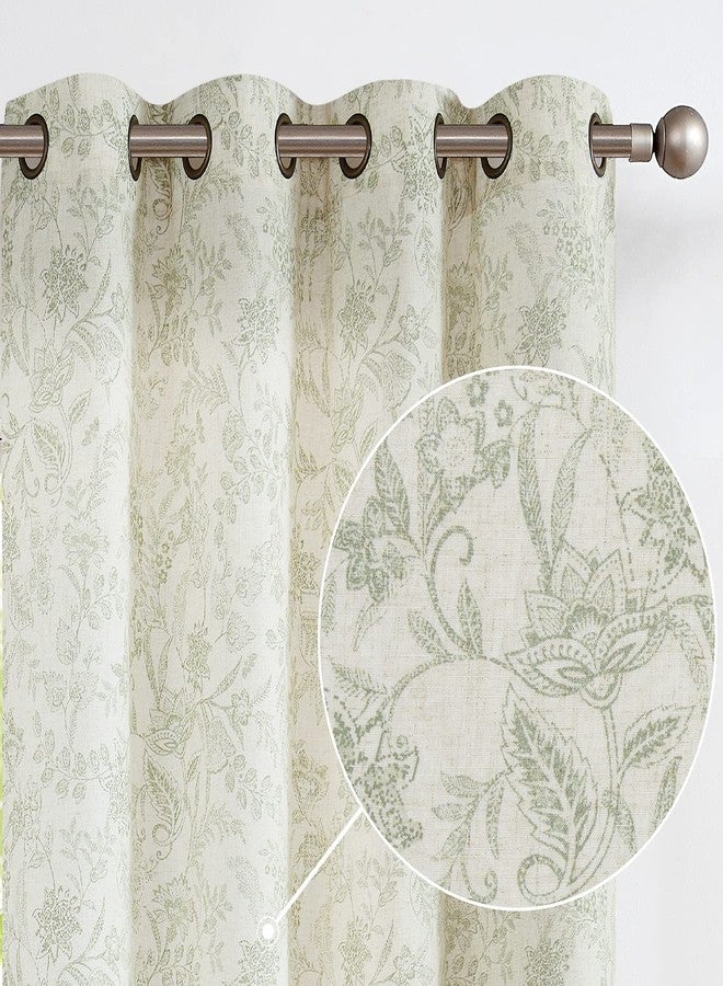 Lazzzy Linen Farmhouse Curtains for Living Room 84 Inch Length Floral Print Window Curtains Semi Sheer Drapes for Bedroom Country Light Filtering Curtain Grommet Top 2 Panels Green on Beige - Image 2