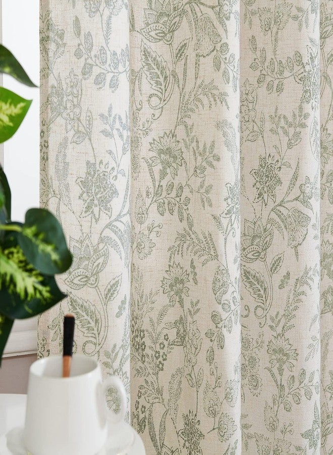 Lazzzy Linen Farmhouse Curtains for Living Room 84 Inch Length Floral Print Window Curtains Semi Sheer Drapes for Bedroom Country Light Filtering Curtain Grommet Top 2 Panels Green on Beige - Image 3
