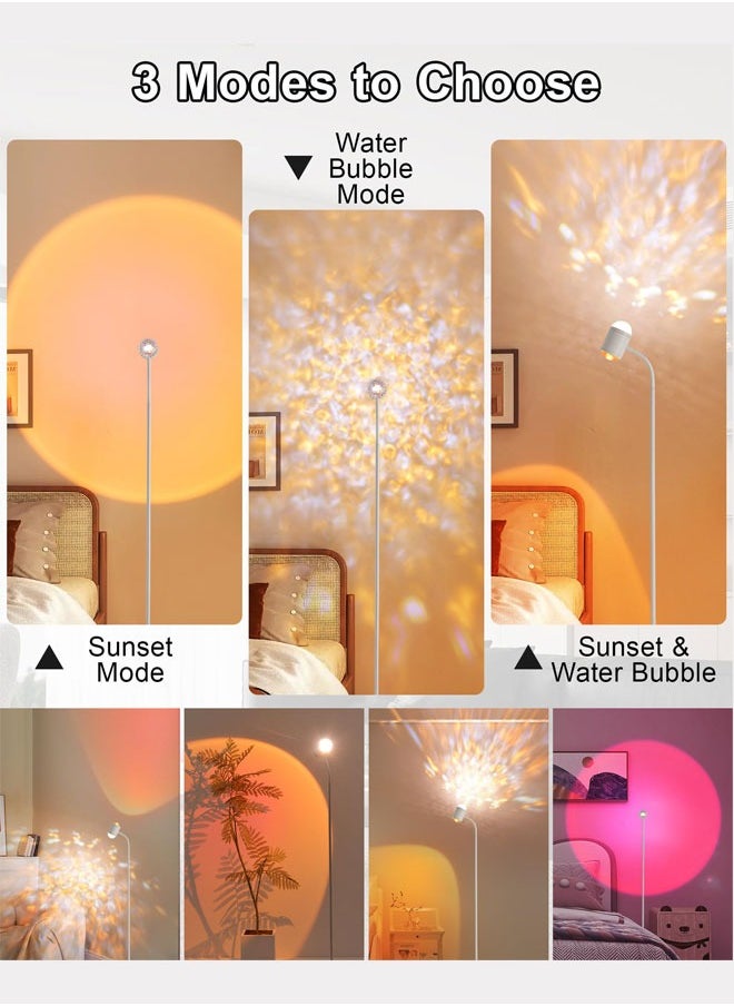 Floor Lamp, White Double Head Water Ripple Lamp, Colorful Sunset Lamp Projector with 3 Modes & Replaceable Color Films 360°Adjustable Halo Projector Floor Lamp White