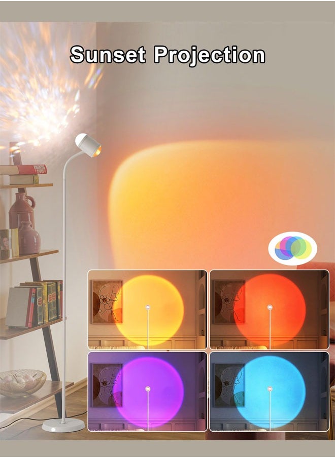Floor Lamp, White Double Head Water Ripple Lamp, Colorful Sunset Lamp Projector with 3 Modes & Replaceable Color Films 360°Adjustable Halo Projector Floor Lamp White
