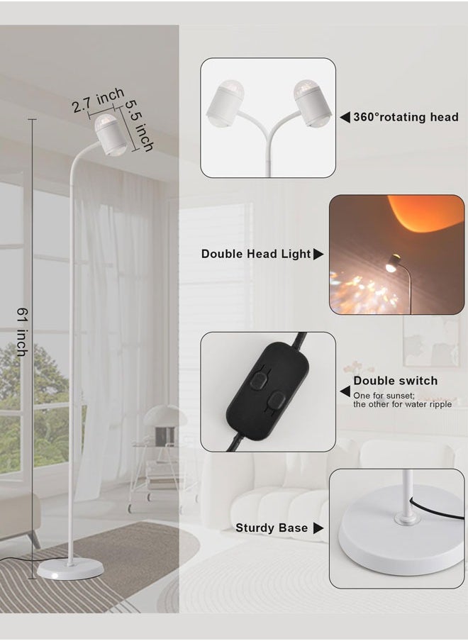 Floor Lamp, White Double Head Water Ripple Lamp, Colorful Sunset Lamp Projector with 3 Modes & Replaceable Color Films 360°Adjustable Halo Projector Floor Lamp White