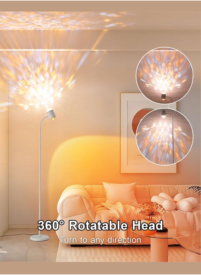 Floor Lamp, White Double Head Water Ripple Lamp, Colorful Sunset Lamp Projector with 3 Modes & Replaceable Color Films 360°Adjustable Halo Projector Floor Lamp White