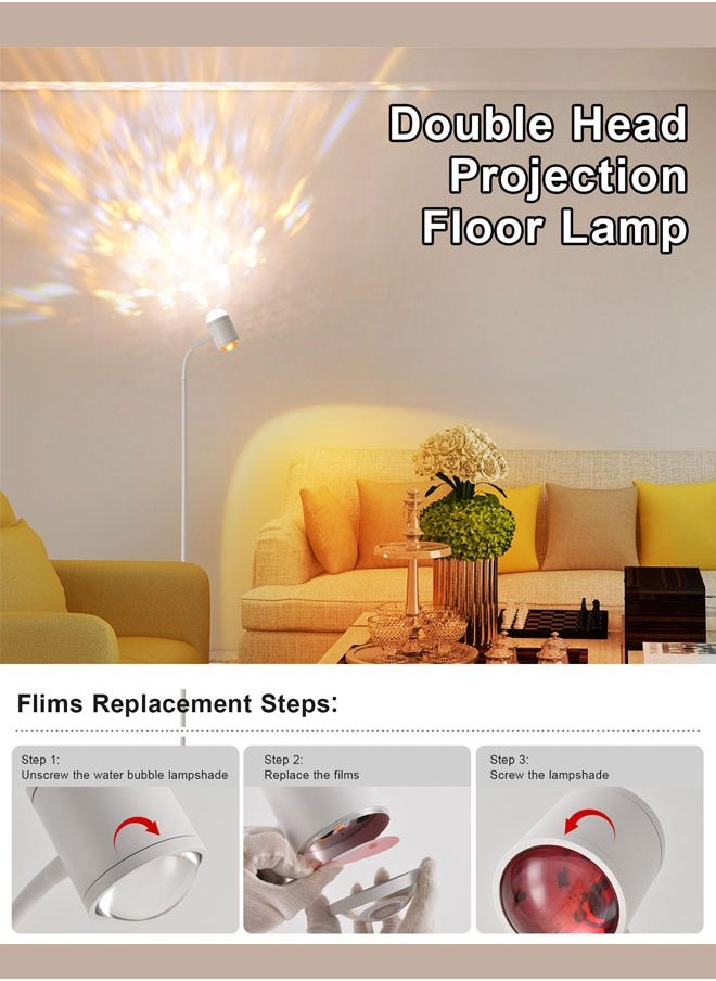 Floor Lamp, White Double Head Water Ripple Lamp, Colorful Sunset Lamp Projector with 3 Modes & Replaceable Color Films 360°Adjustable Halo Projector Floor Lamp White