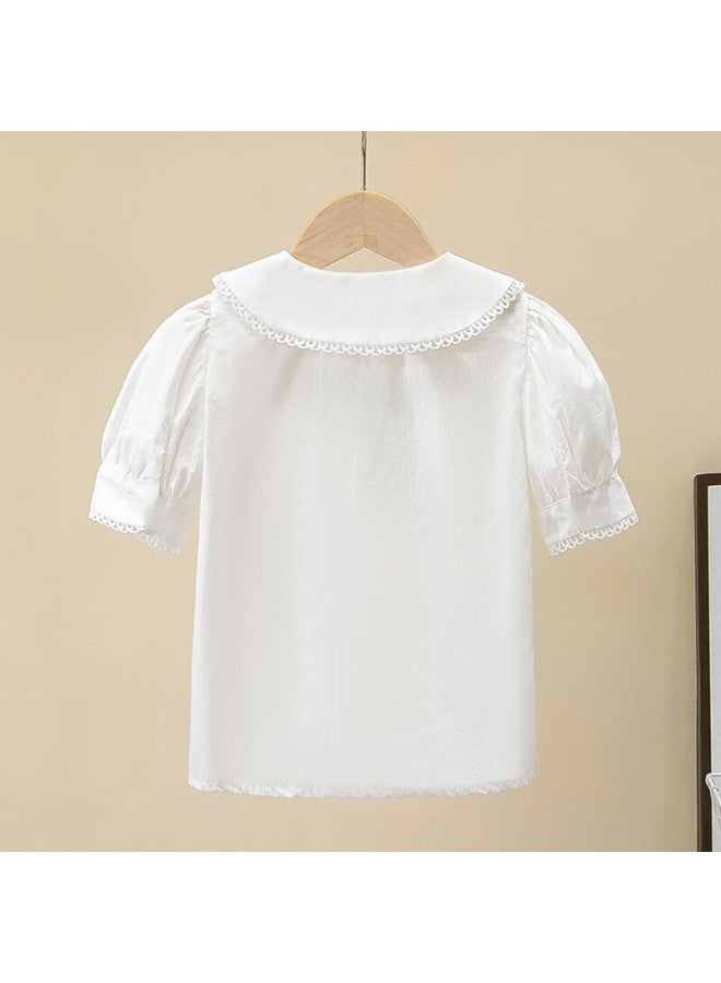 Luobobeibei Girls' White Blouse With Lace Trim, Versatile Style Sweet Doll Collar Short-sleeve Top, White, Size 120 - Image 2