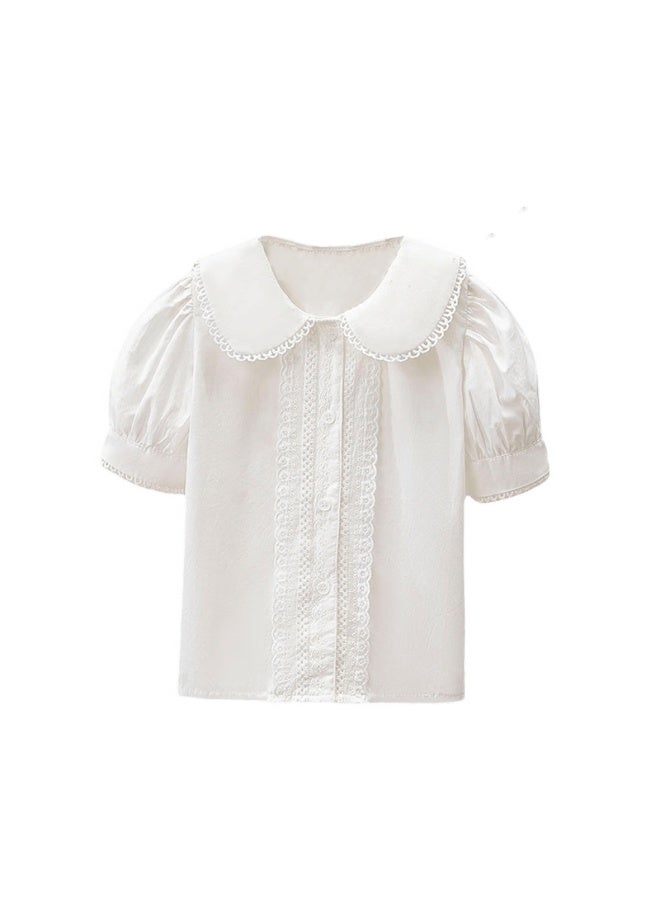 Luobobeibei Girls' White Blouse With Lace Trim, Versatile Style Sweet Doll Collar Short-sleeve Top, White, Size 120 - Image 3