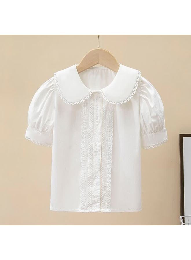 Luobobeibei Girls' White Blouse With Lace Trim, Versatile Style Sweet Doll Collar Short-sleeve Top, White, Size 120 - Image 1