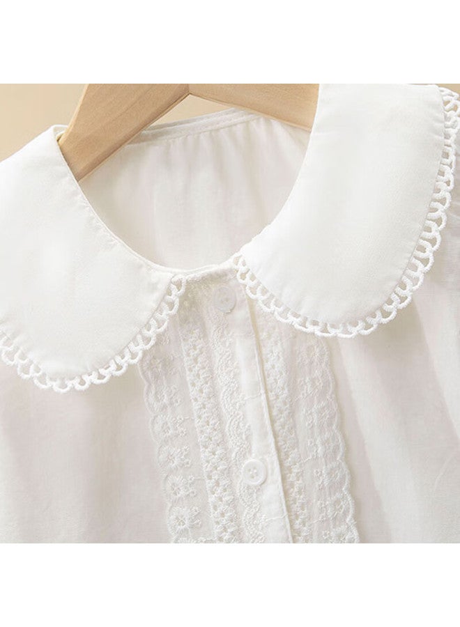 Luobobeibei Girls' White Blouse With Lace Trim, Versatile Style Sweet Doll Collar Short-sleeve Top, White, Size 120 - Image 4