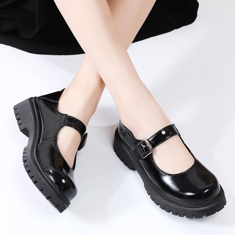XMM Mary Jane Shoes Black Patent Leather Platform Chunky Mary Janes for Women Ladies Comfort Leather Round Toe Non-Slip Dressy Casual Cute Girls Kawaii Lolita School Trendy Work Shoes US 5 - Image 4