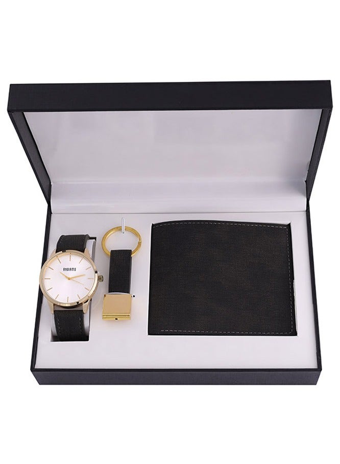ANDIAMO Men's Analog Gold Case White Dial Black Leather Strap, Leather Wallet, Key Chain 