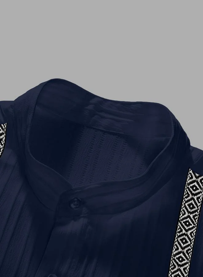 Take Two Navy Blue Men Navy Blue Jacquard Stand Collar Short Sleeve Button Front Shirt and Pants Co-Ords for Men | Best Price UAE