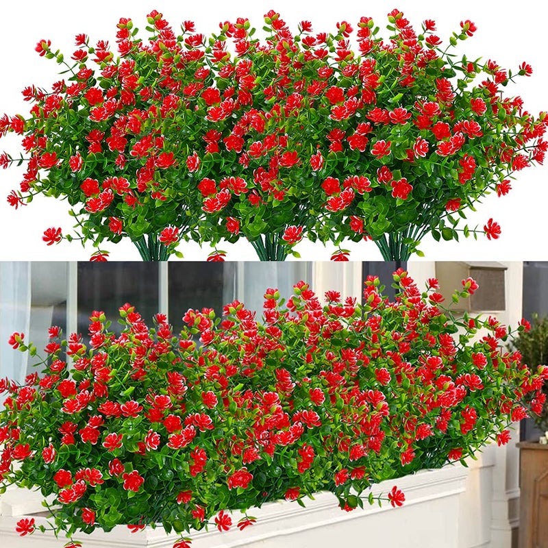 ArtBloom 6 Bundles Outdoor Artificial Flowers UV Resistant Fake Boxwood Plants Faux Plastic Greenery for Indoor Outside Hanging Plants Garden Porch Window Box Home Wedding Farmhouse Decor Red