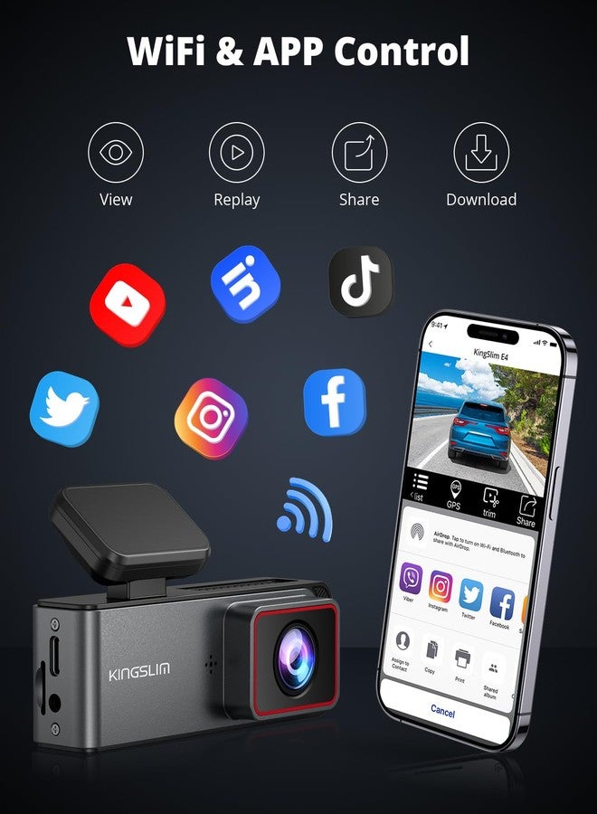 كينج سلم كاميرا Kingslim E4 4K الأمامية والخلفية للسيارة، كاميرا أمامية بدقة 4K وخلفية بدقة 1080P مع واي فاي، كاميرا صغيرة للسيارة مع تحكم عبر تطبيق، رؤية ليلية، وضع ركن السيارة - Image 3