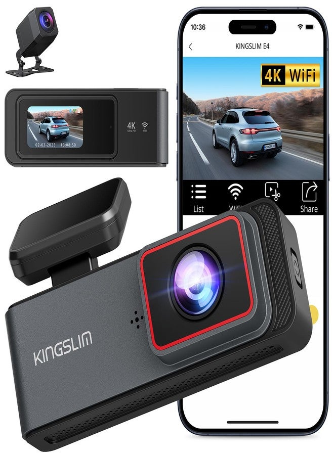 كينج سلم كاميرا Kingslim E4 4K الأمامية والخلفية للسيارة، كاميرا أمامية بدقة 4K وخلفية بدقة 1080P مع واي فاي، كاميرا صغيرة للسيارة مع تحكم عبر تطبيق، رؤية ليلية، وضع ركن السيارة - Image 1